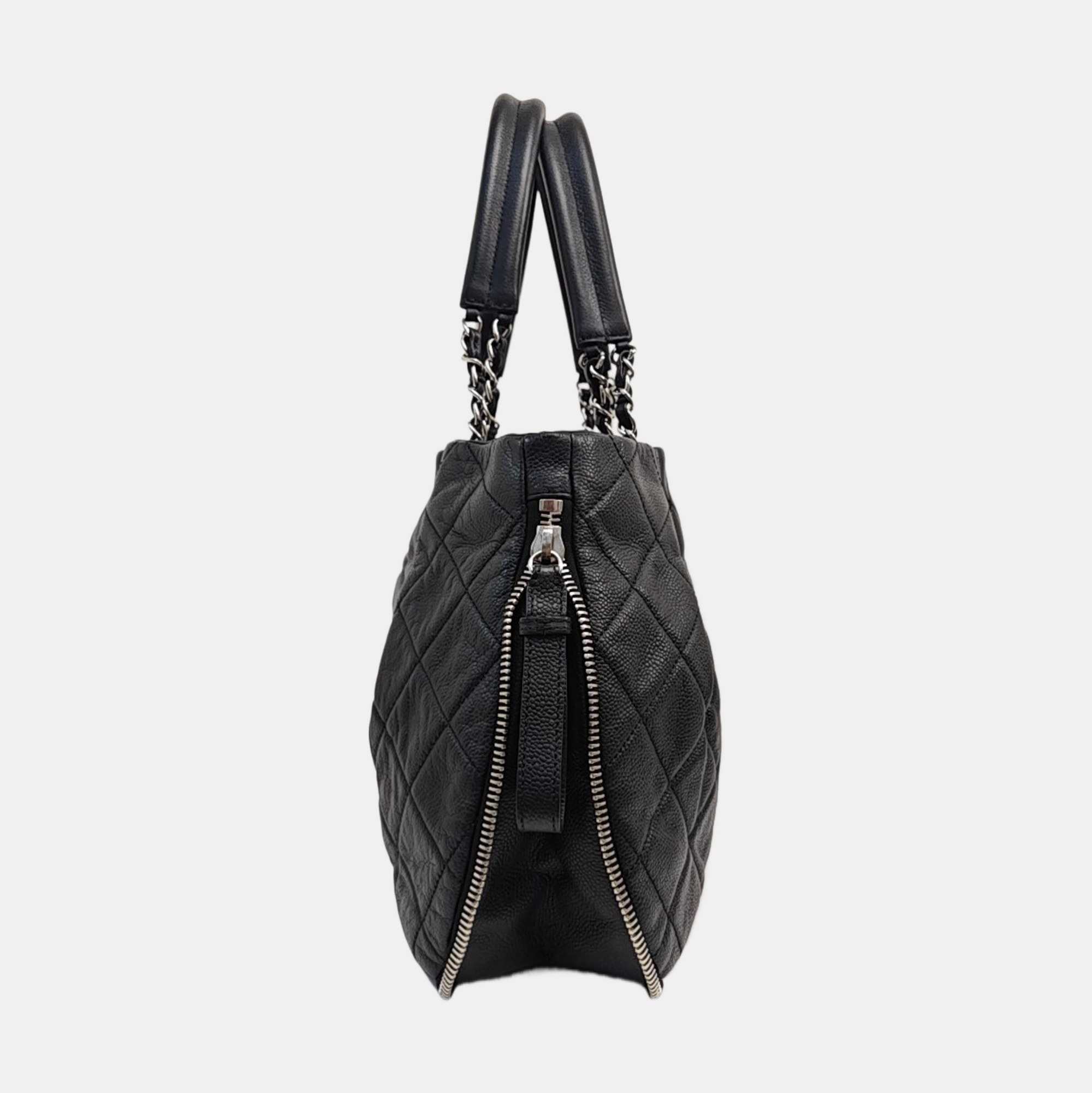Quilted Grained Calfskin Tote Bag Black