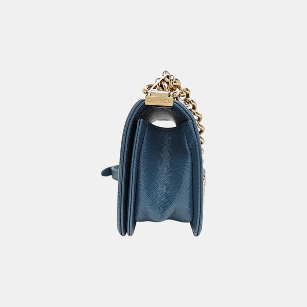 BOY CHANEL Small Chevron, Quilted Grained Calfskin Blue