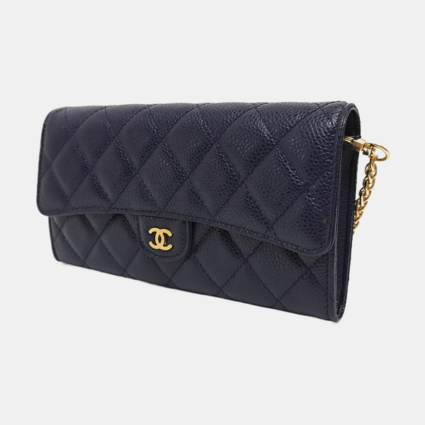 CLASSIC FLAP Mini Quilted Grained Calfskin Blue Wallet
