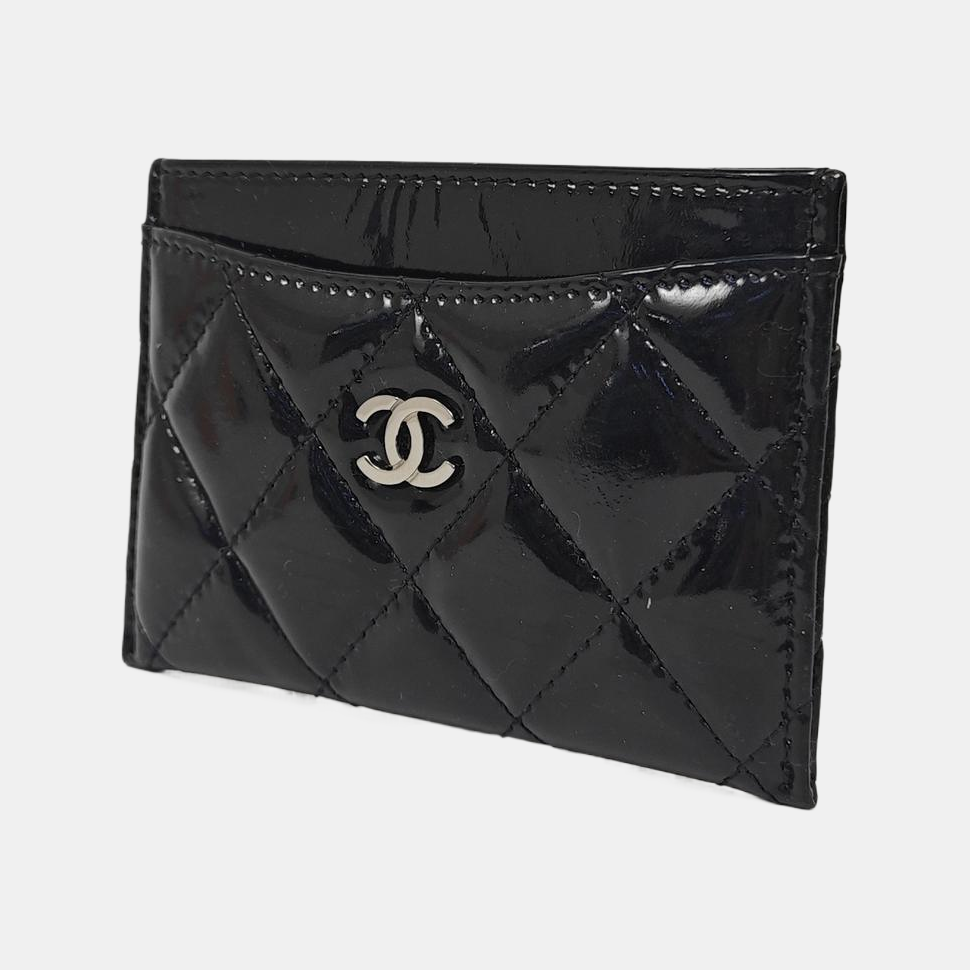 Quilted Patent Leather Card Holder Black