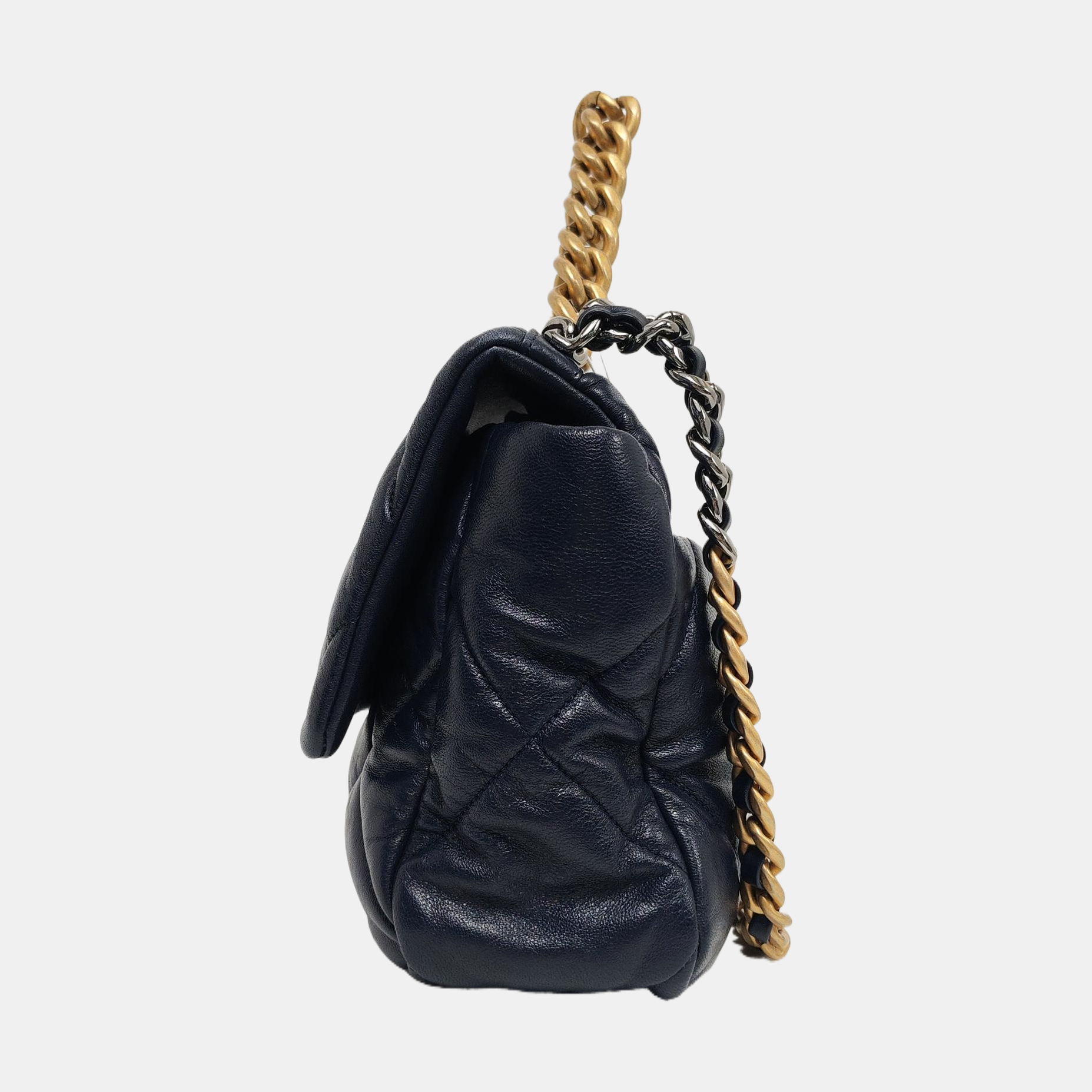 CHANEL 19 Grande de piel de cordero acolchada azul
