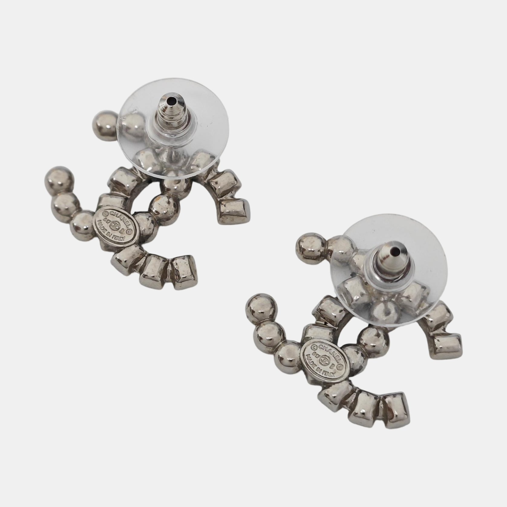 CC Logo Metal Gray Stud Earrings
