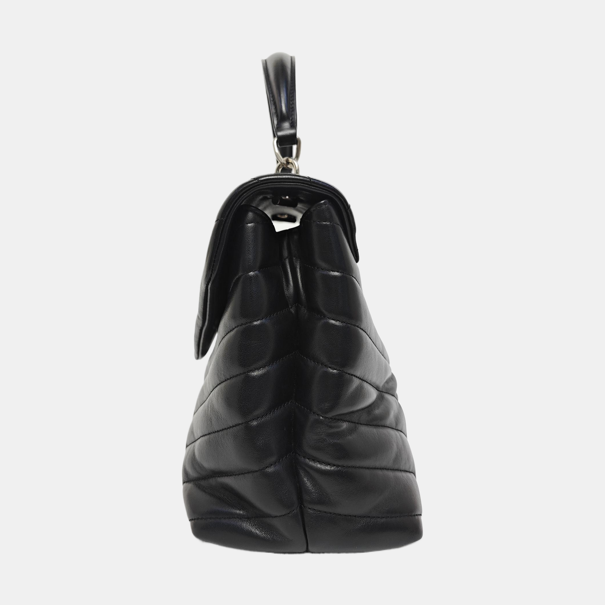 LOULOU TOP HANDLE Chevron Calfskin Black