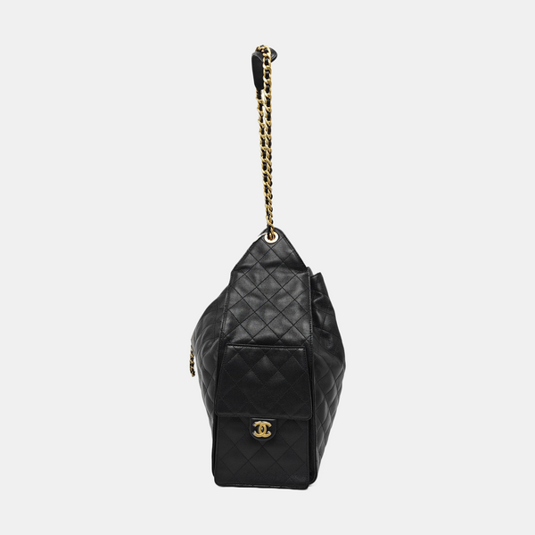 CHANEL 25 Large Quilted Grained Calfskin Black