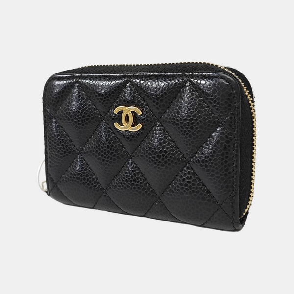 Quilted Grained Calfskin Card Holder Black