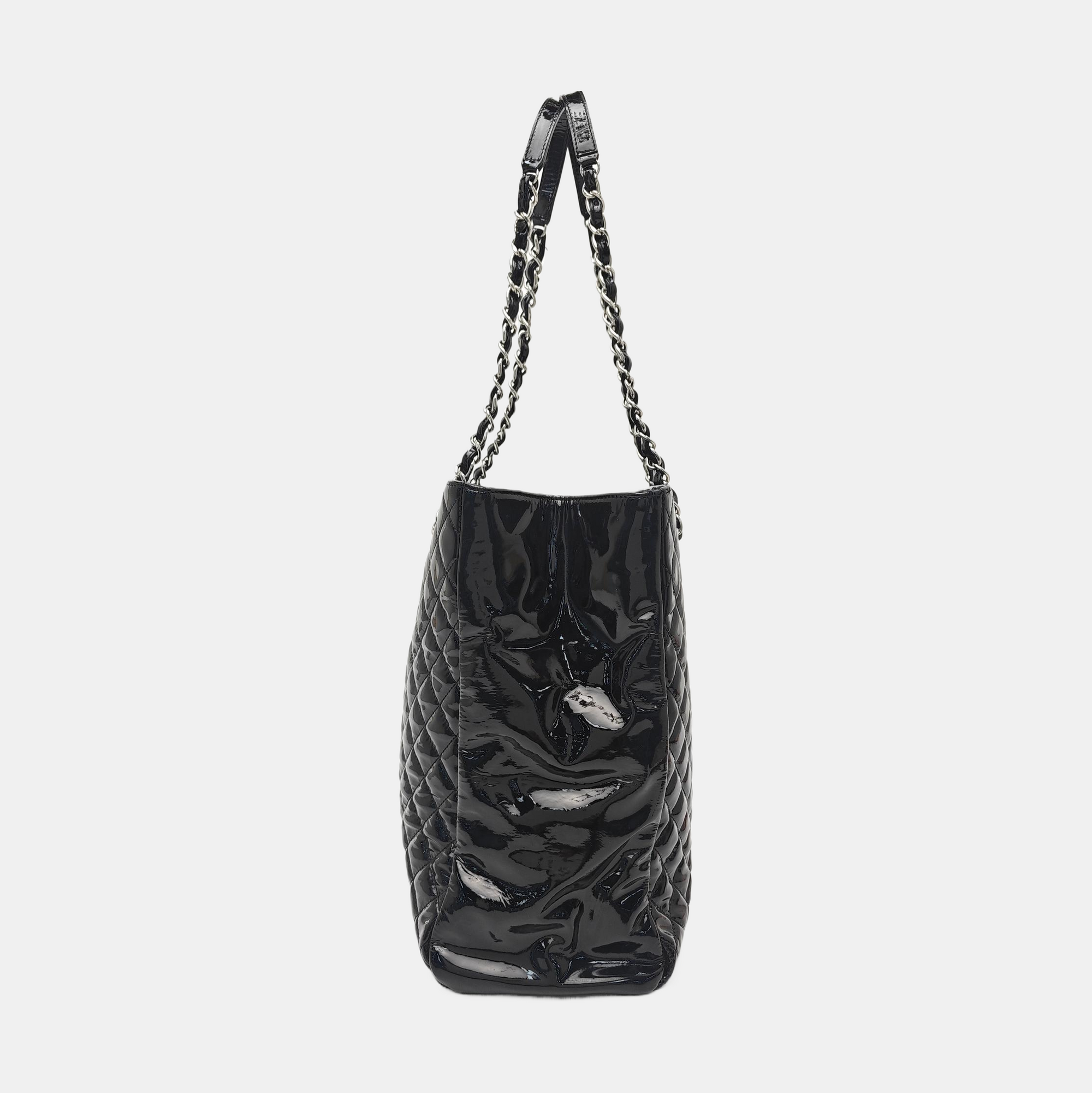 Quilted Patent Leather Tote Bag Black