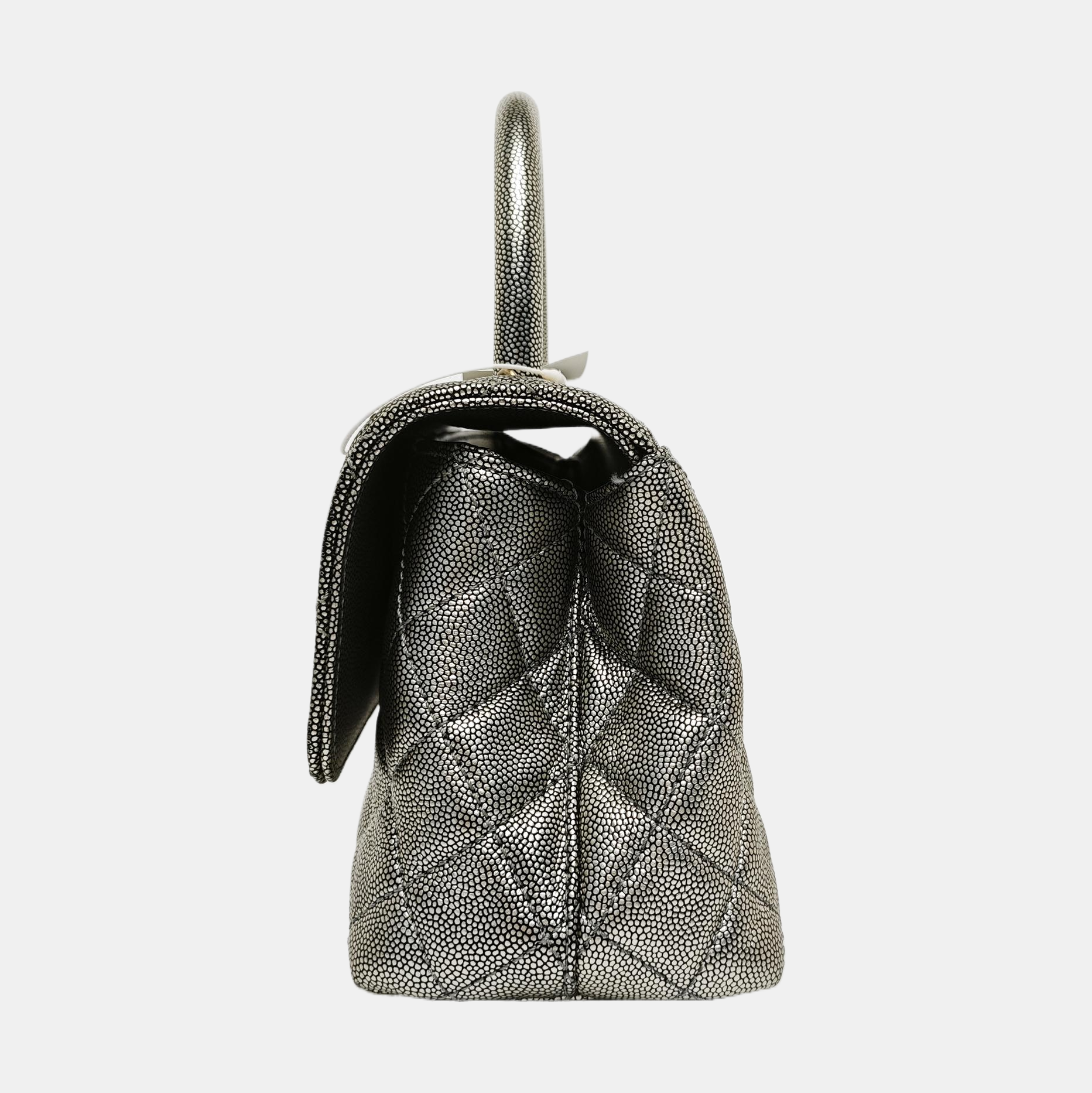 COCO HANDLE Small Quilted Grained Calfskin Silver