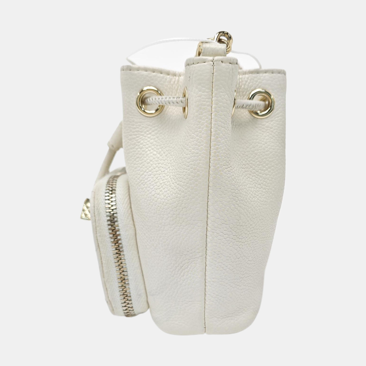Quilted Grained Calfskin Bucket Bag Mini White