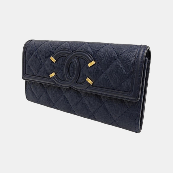 FILIGREE Medium Quilted Grained Calfskin Blue Wallet
