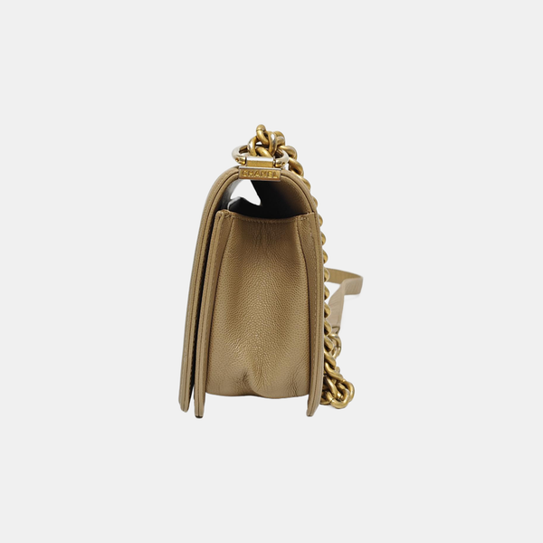 BOY CHANEL Medium Chevron, Quilted Grained Calfskin Beige