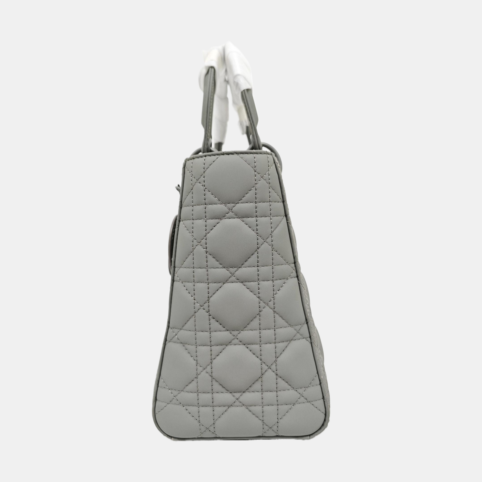 Authenticated pre-owned  Lady Dior Medium Quilted Calfskin Grey - Tote Bag at Looply