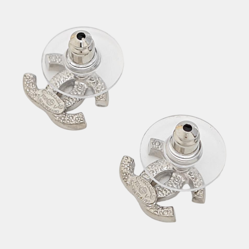 CC Logo Metal Silver Stud Earrings