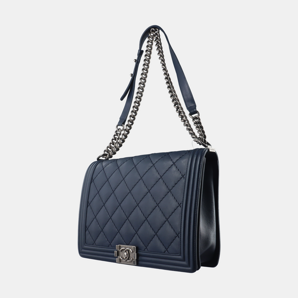 Authenticated pre-owned  BOY CHANEL Maxi Quilted Calfskin Blue - Crossbody Bag at Looply