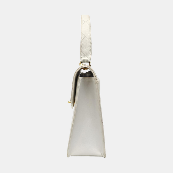 Quilted Grained Calfskin Top Handle Bag White