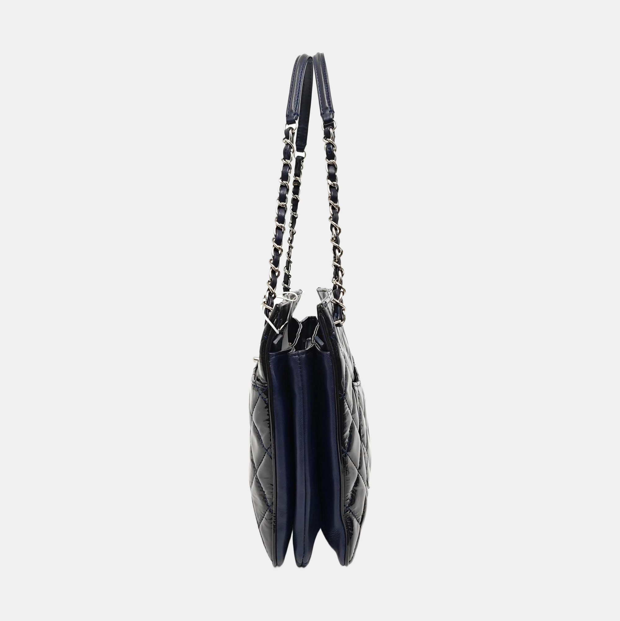Quilted Patent Leather Top Handle Bag Blue