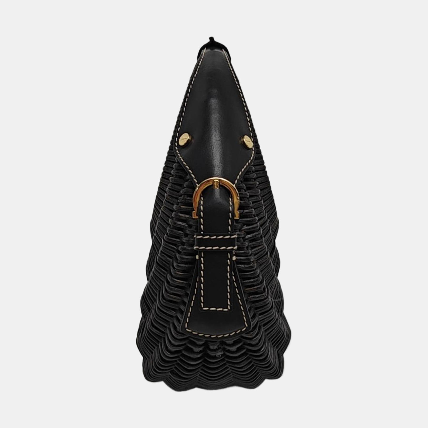 Straw Top Handle Bag Black