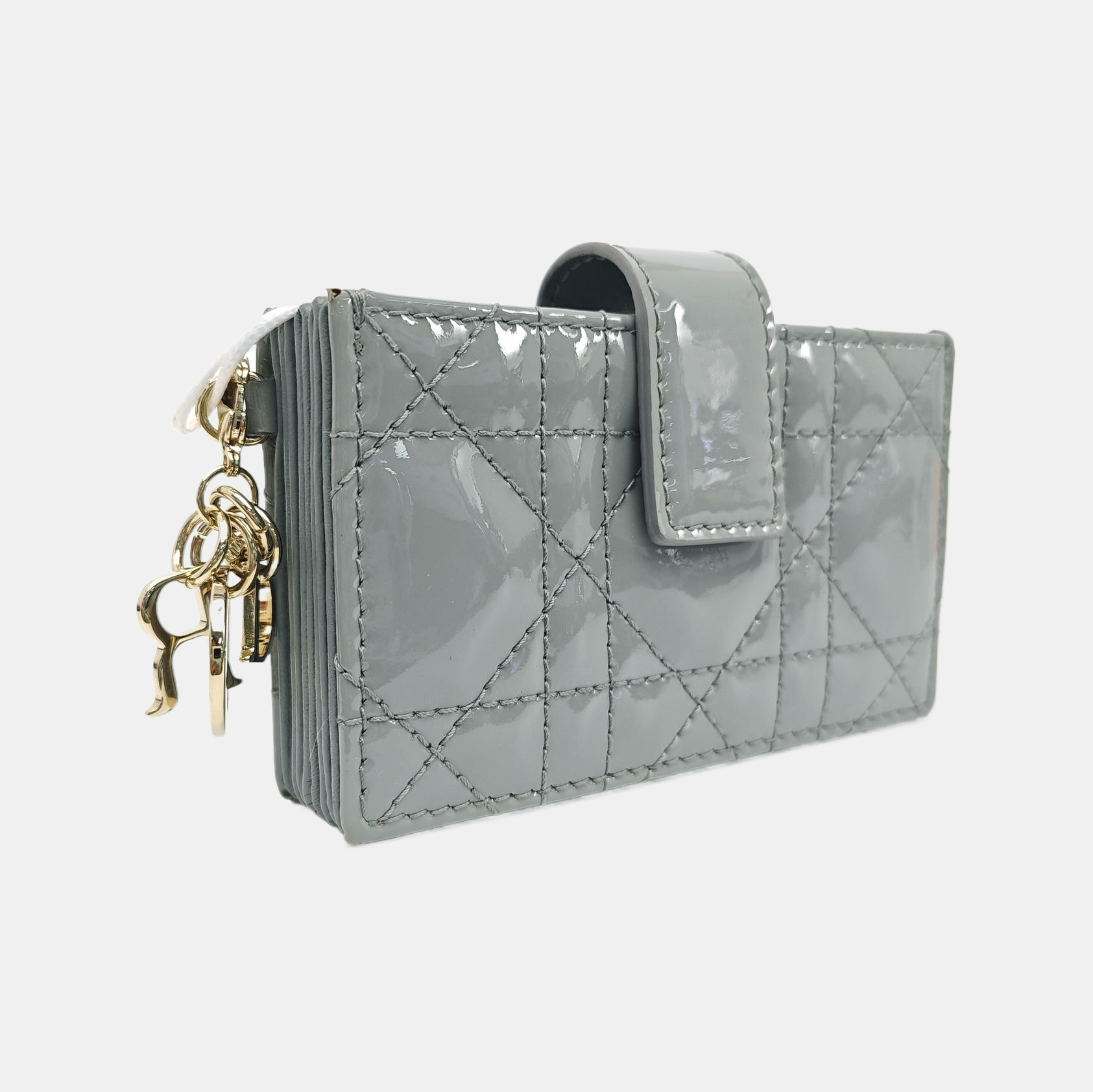 Lady Dior Super Mini Cannage Patent Leather Gray Card Holder
