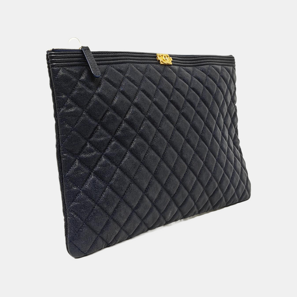 BOY CHANEL Large Quilted Grained Calfskin Blue
