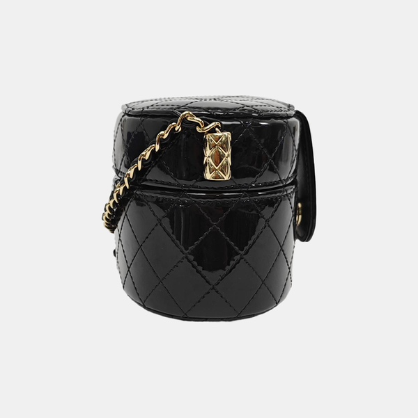 Round Vanity Quilted Patent Leather Black