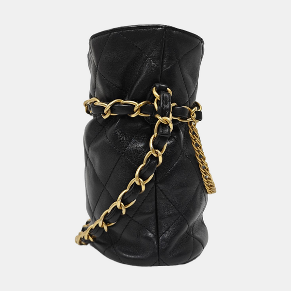 Quilted Lambskin Bucket Bag Small Black