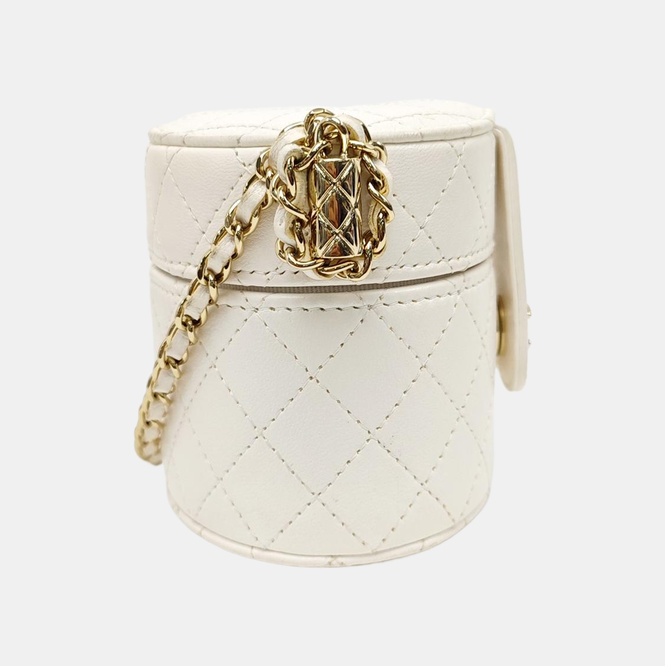 Round Vanity Medium Quilted Lambskin White
