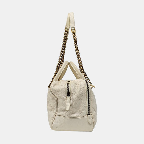 Quilted Grained Calfskin Shoulder Bag White