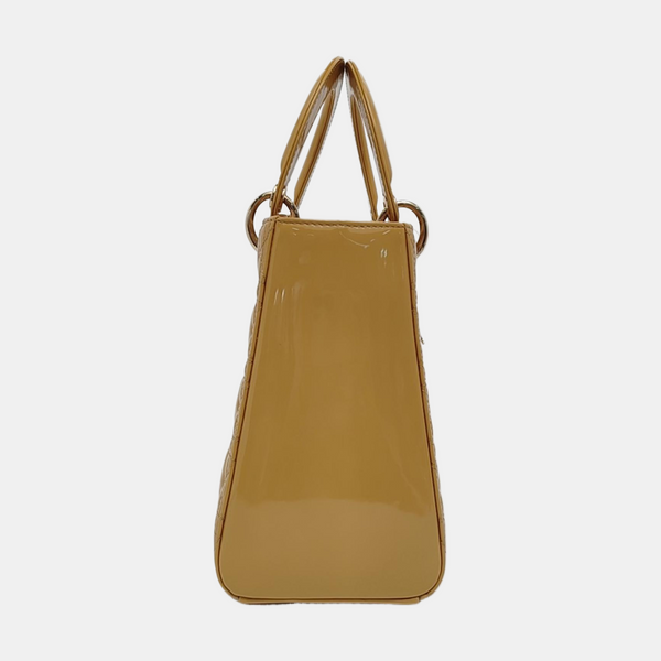 Authenticated pre-owned  Lady Dior Medium Quilted Patent Leather Beige - Top Handle Bag at Looply
