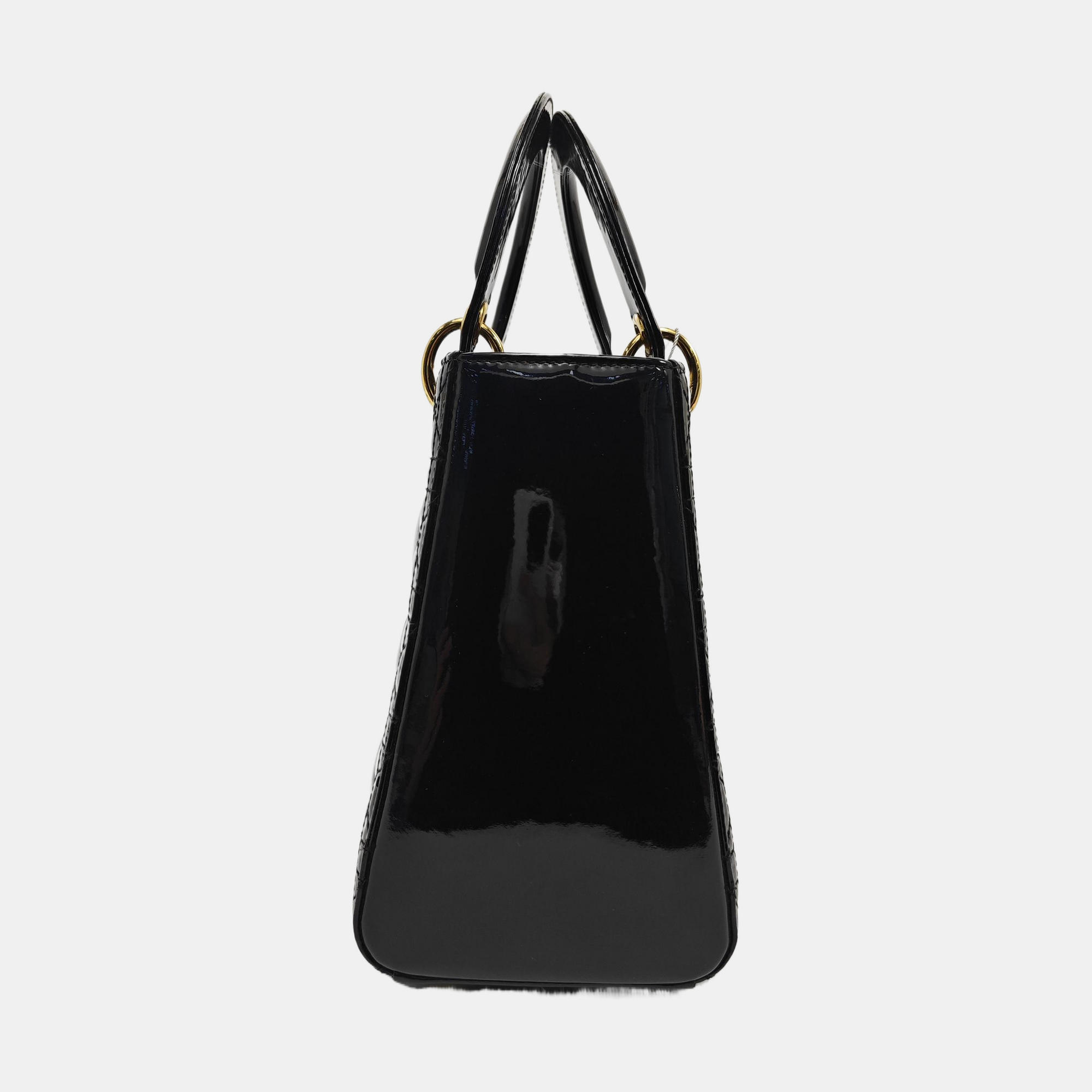 Authenticated pre-owned  Lady Dior Medium Quilted Patent Leather Black - Tote Bag at Looply