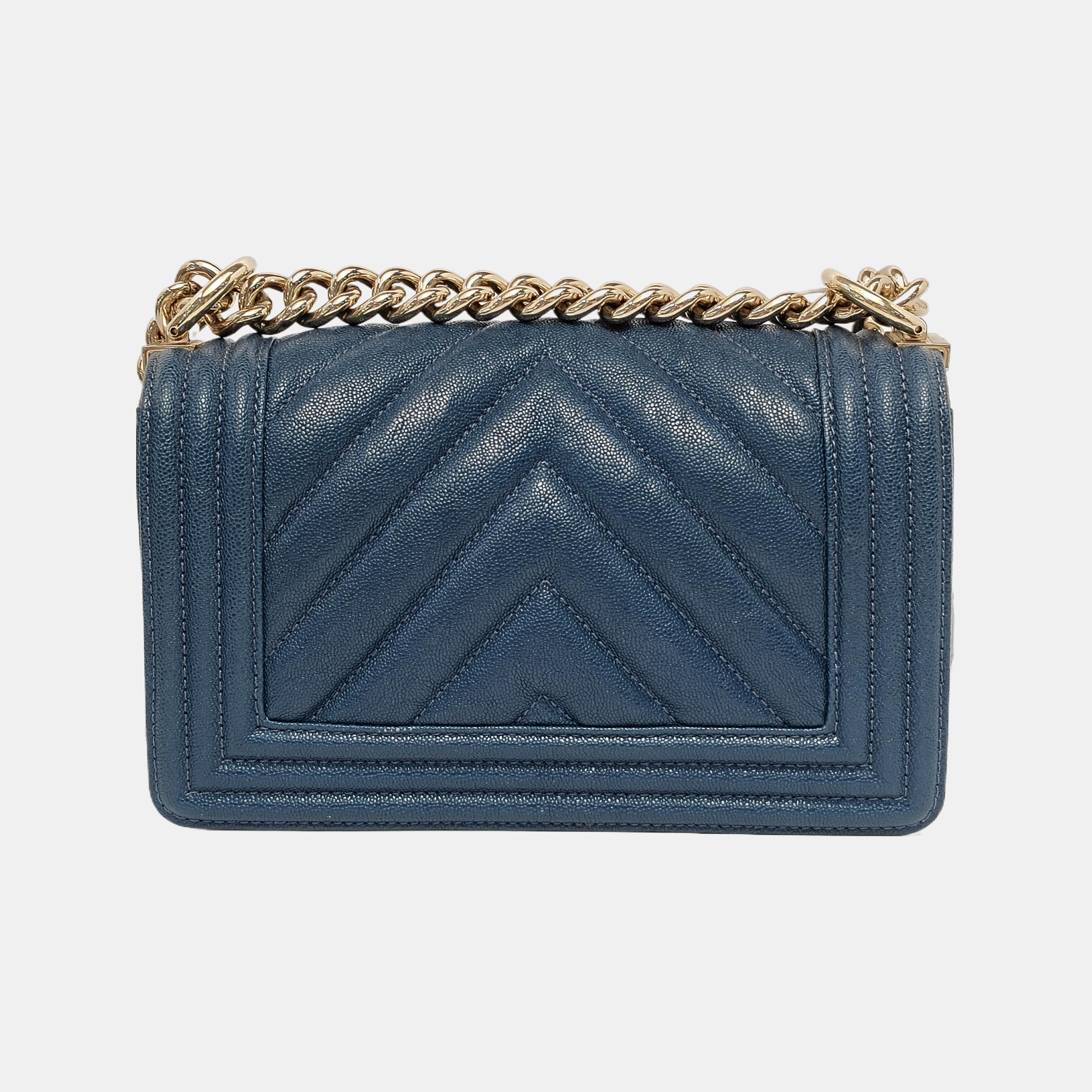 BOY CHANEL Small Chevron, Quilted Grained Calfskin Blue