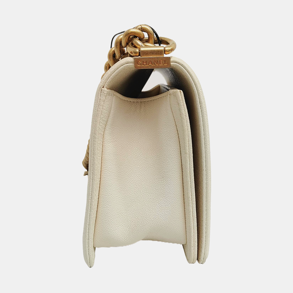 BOY CHANEL Medium Quilted Grained Calfskin White