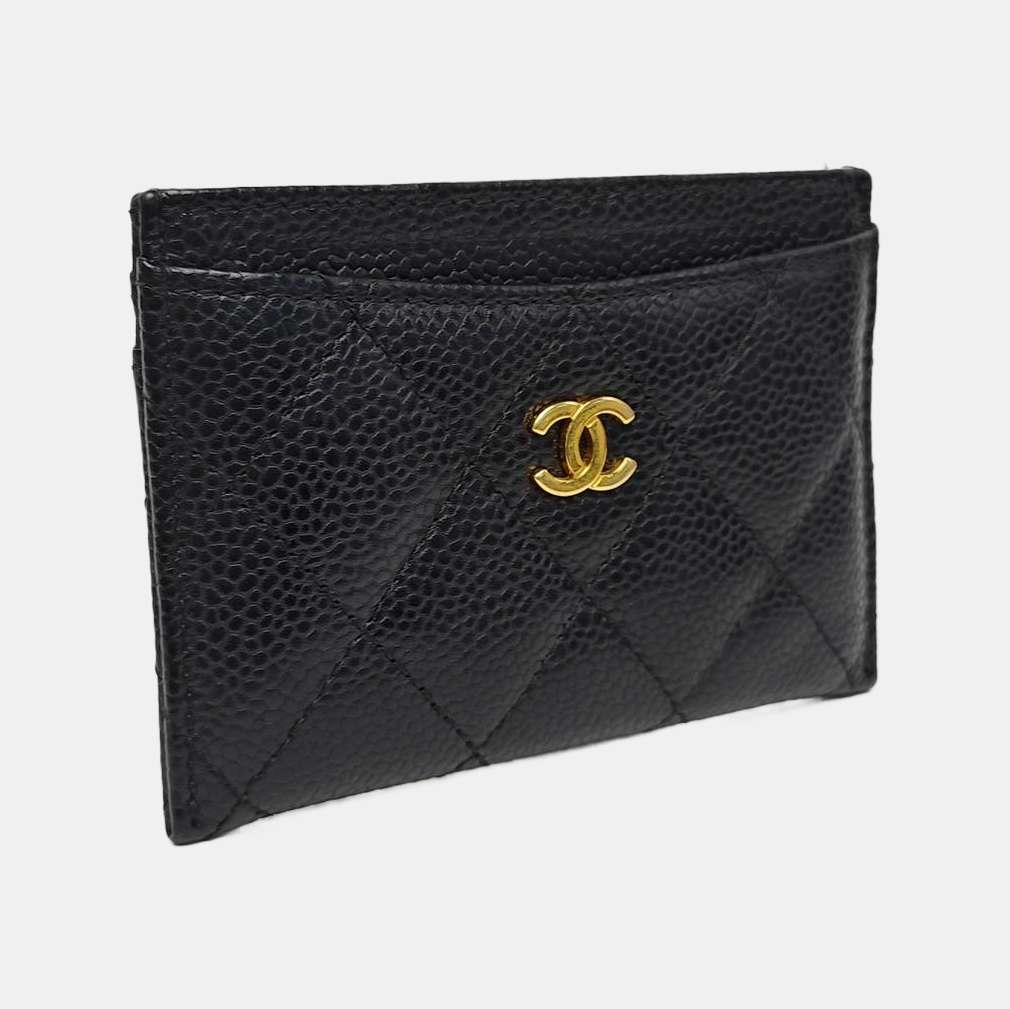 Quilted Grained Calfskin Card Holder Black