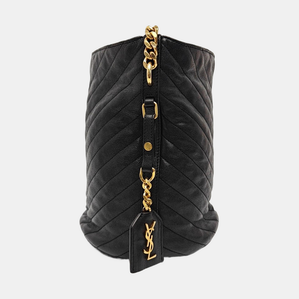 Chevron Calfskin Bucket Bag Black