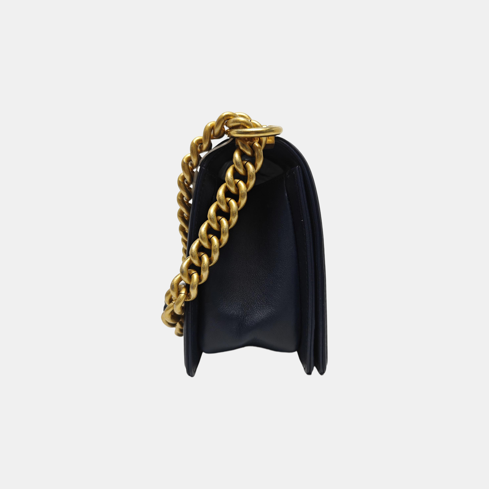BOY CHANEL Medium Quilted Grained Calfskin Blue