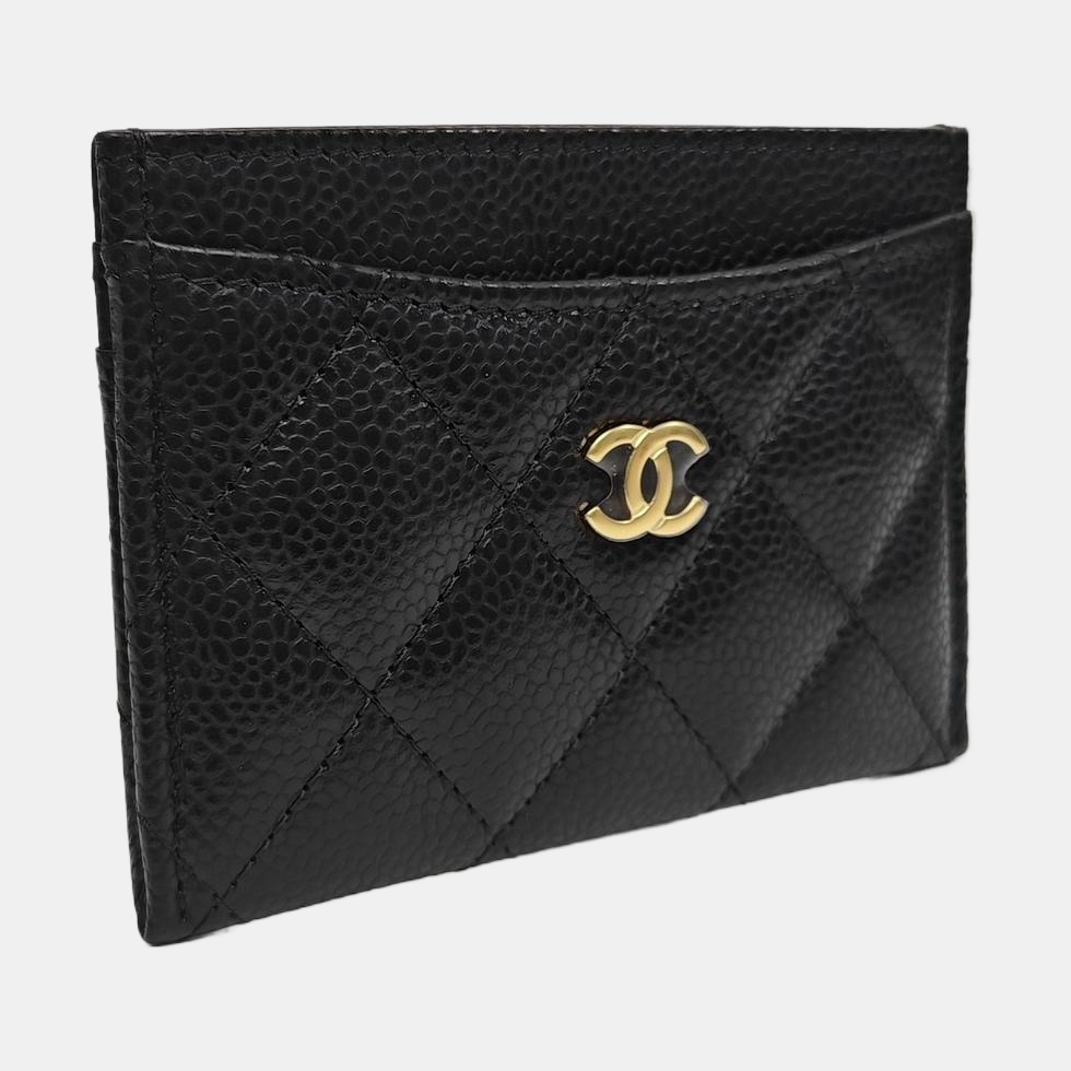 Quilted Grained Calfskin Card Holder Black