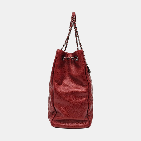Quilted Grained Calfskin Tote Bag Red