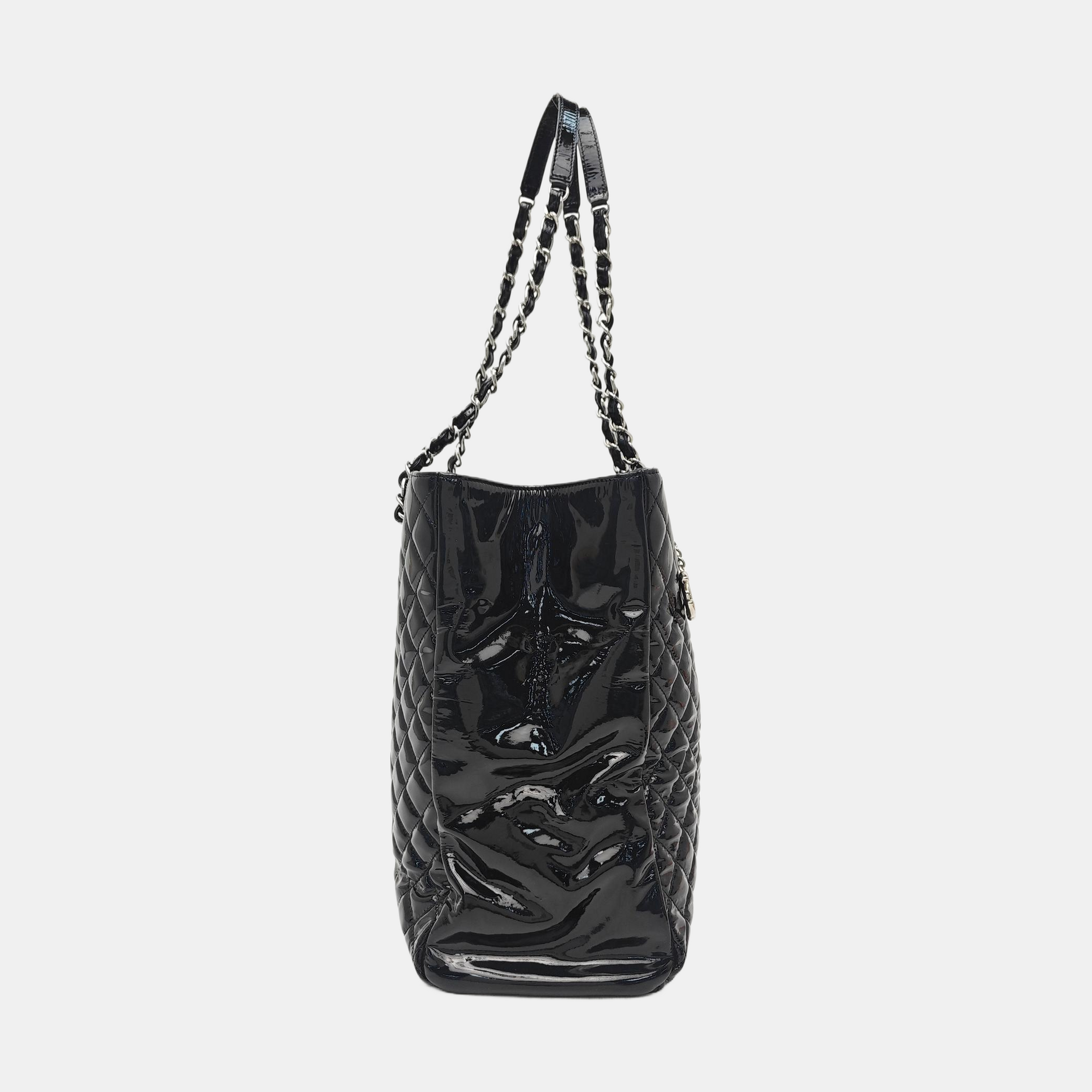 Quilted Patent Leather Tote Bag Black