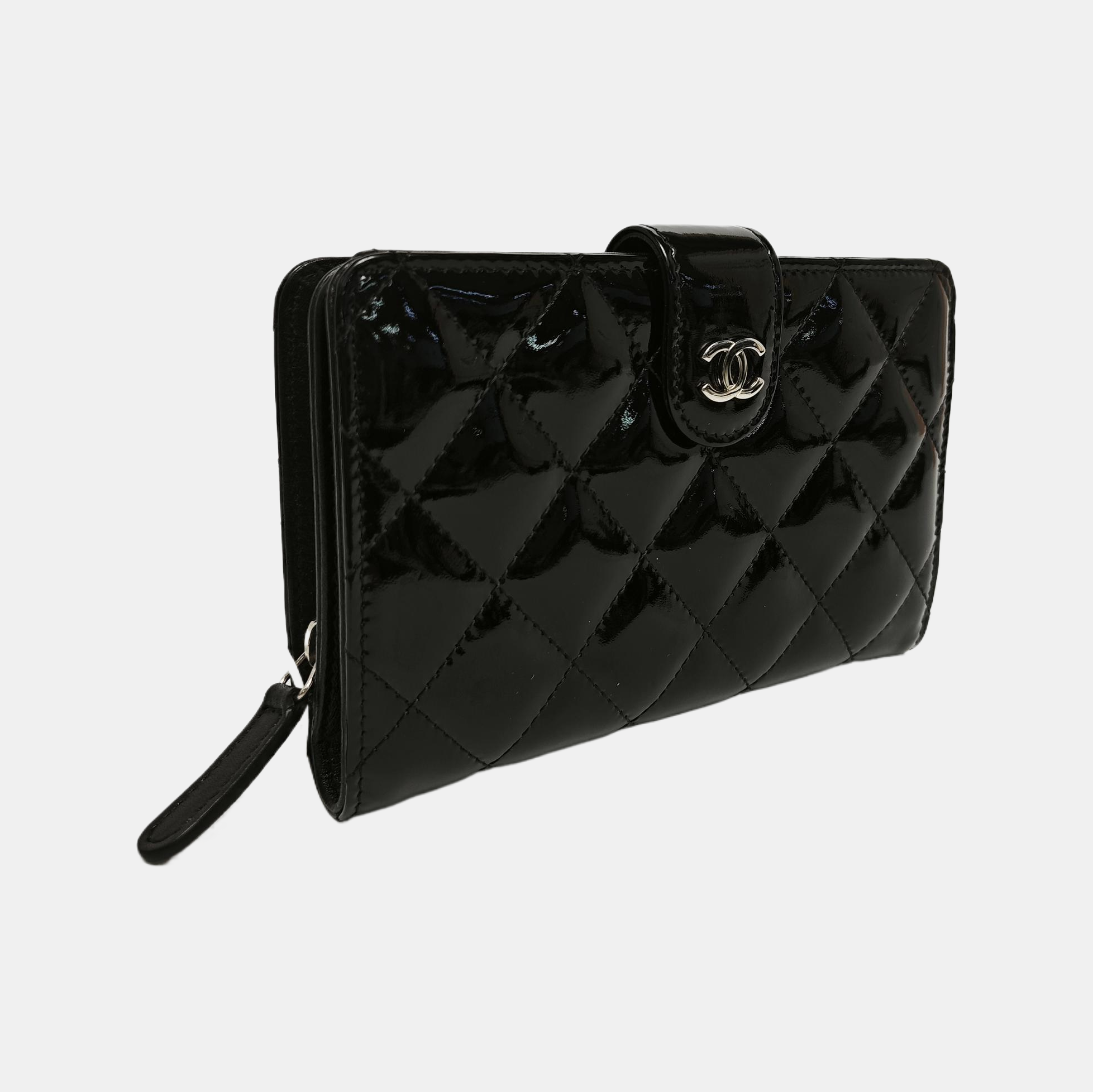 Quilted Patent Leather Wallet Black