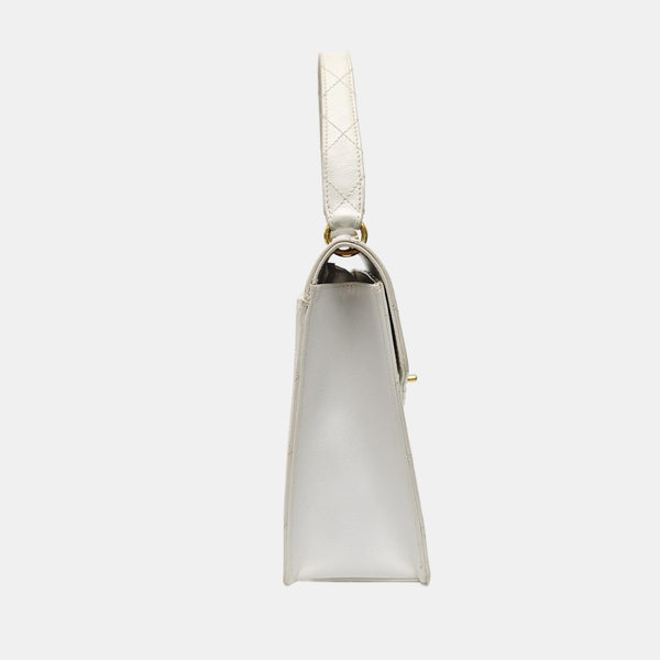 Quilted Grained Calfskin Top Handle Bag White