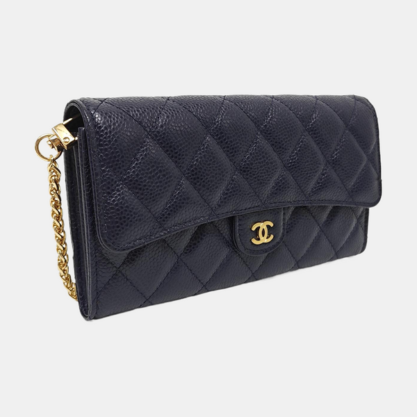 CLASSIC FLAP Mini Quilted Grained Calfskin Blue Wallet