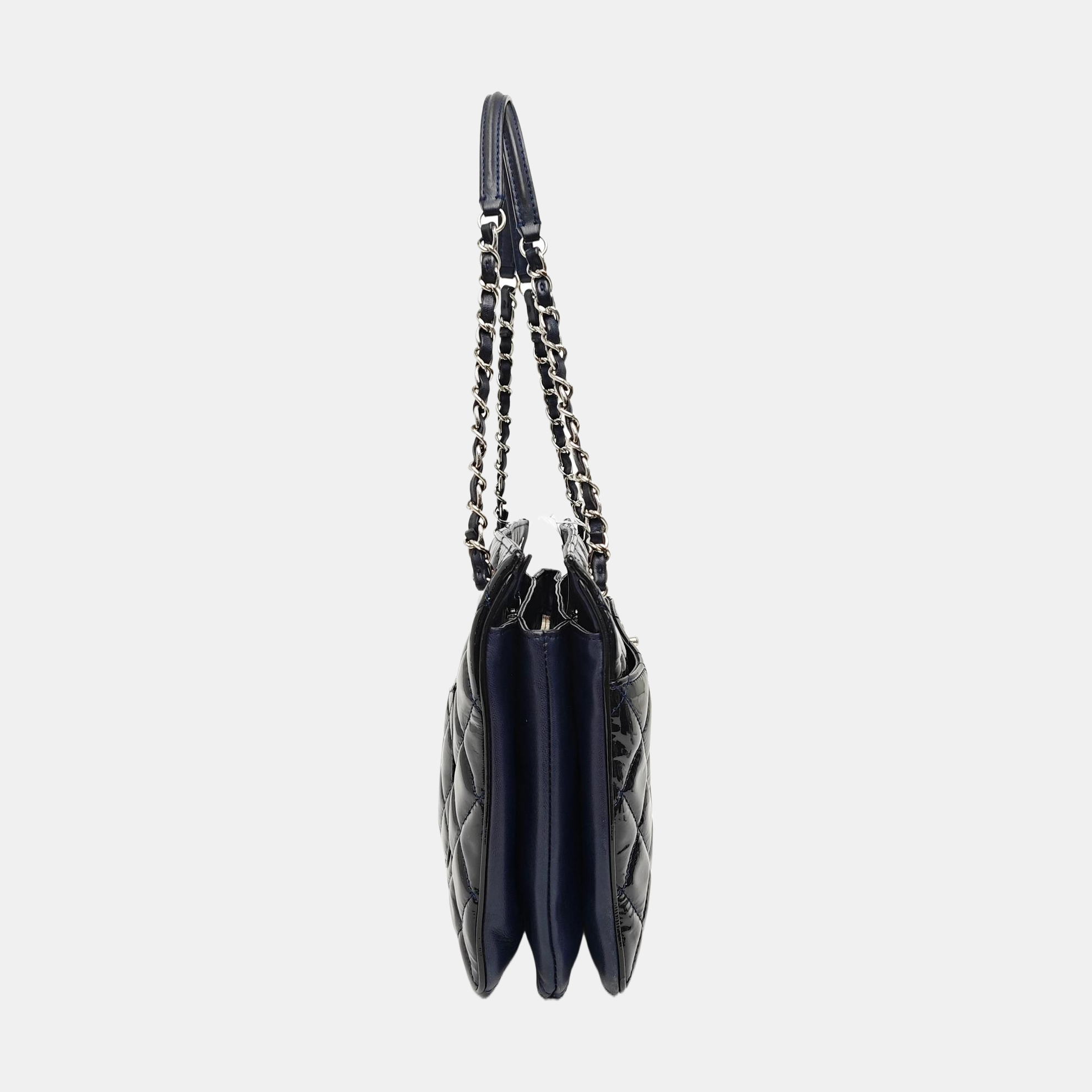 Quilted Patent Leather Top Handle Bag Blue