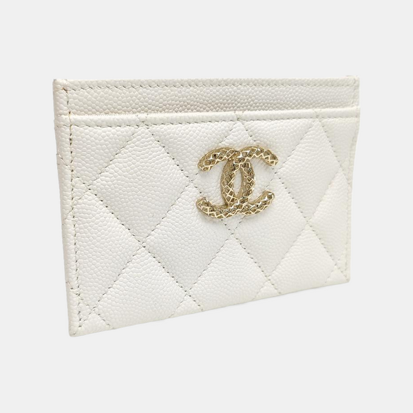 CHANEL 19 Small Quilted Grained Calfskin White Card Holder