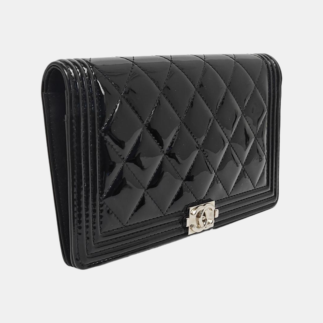 BOY CHANEL Mini Quilted Patent Leather Black Wallet