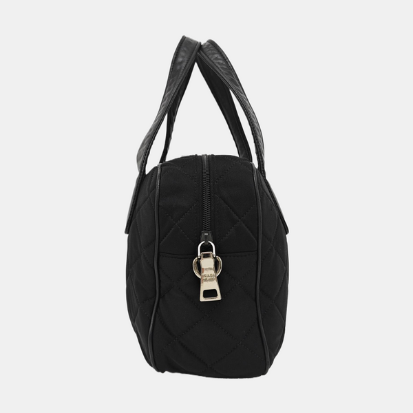 Quilted Fabric Top Handle Bag Black