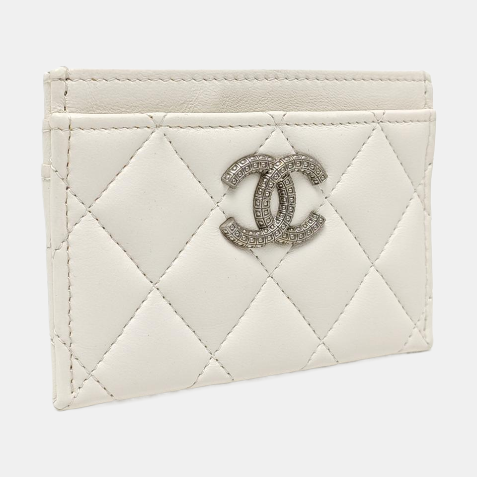 Authenticated pre-owned  CHANEL 19 Quilted Lambskin White Card Holder - Card Holder at Looply