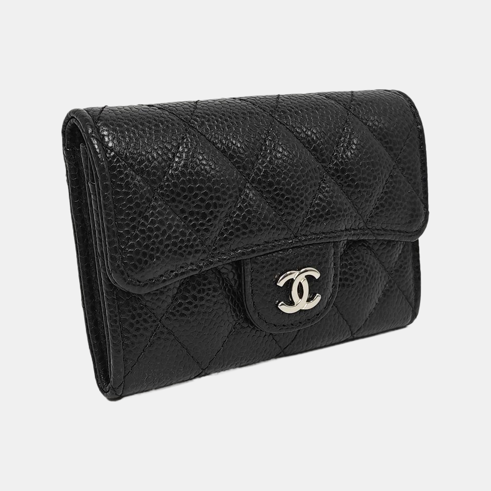 Quilted Grained Calfskin Card Holder Black
