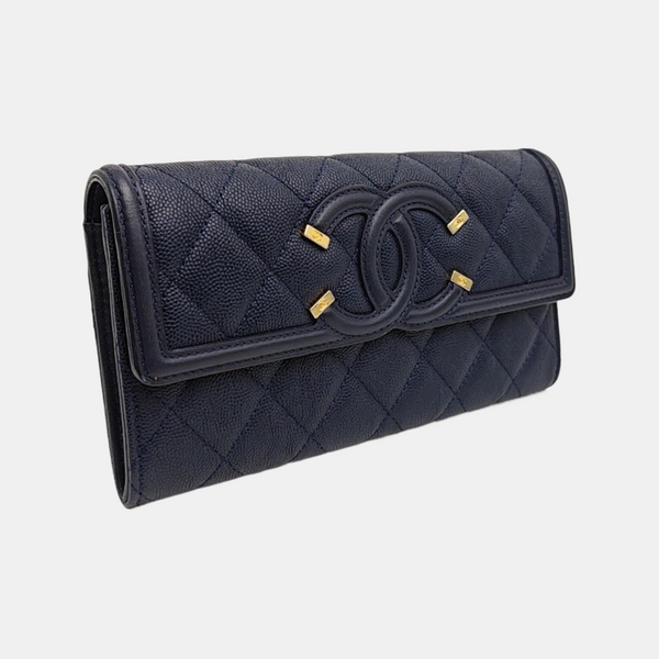FILIGREE Medium Quilted Grained Calfskin Blue Wallet