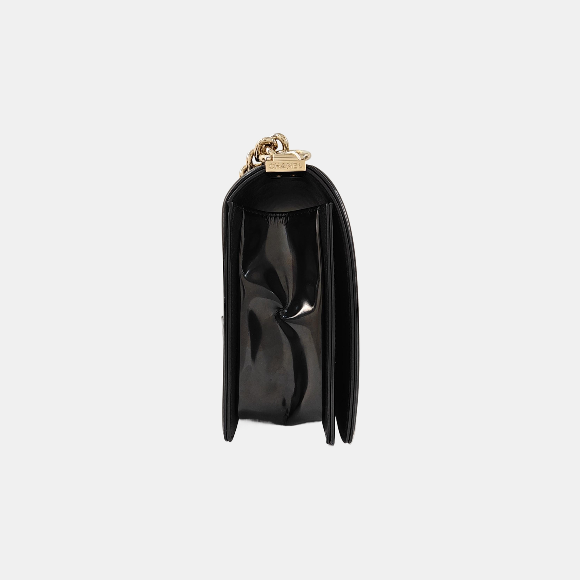 BOY CHANEL Large Quilted Patent Leather Black