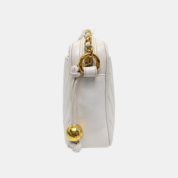 Chevron Grained Calfskin Crossbody Bag White