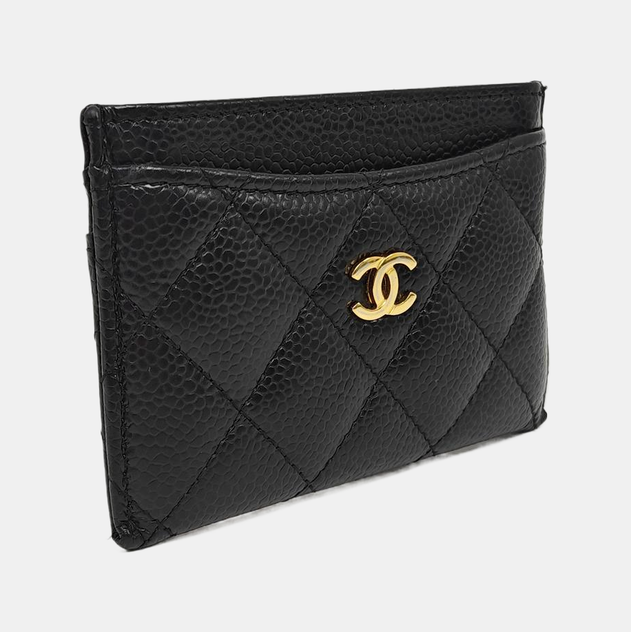 Quilted Grained Calfskin Card Holder Black