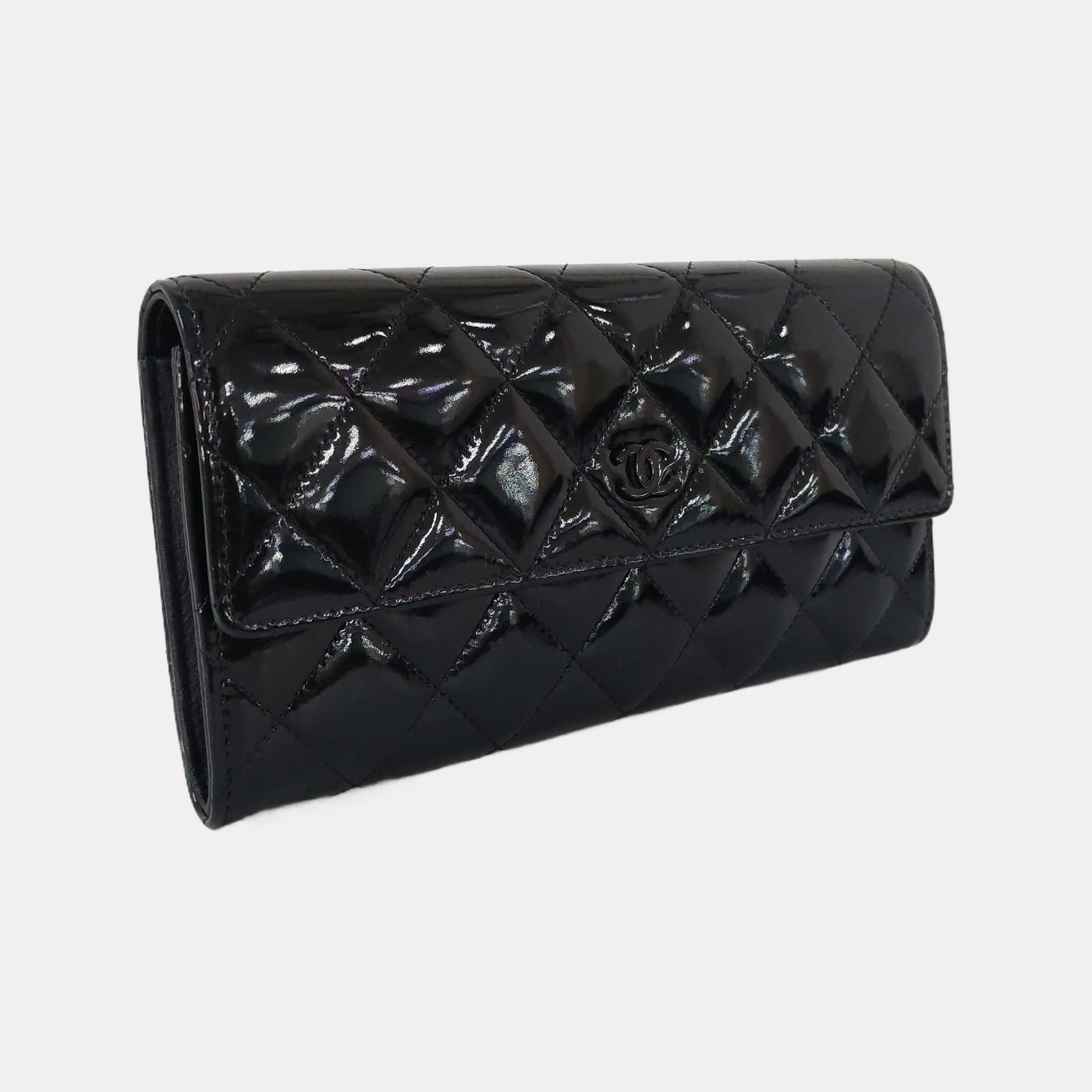 Quilted Patent Leather Wallet Black